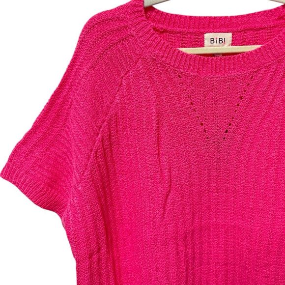 BiBi Fuchsia Pink Texture Round Neck Short Sleeve Knit Top NWT - Picture 5 of 7